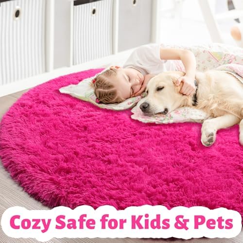 Amdrebio Hot Pink Plush Round Circle Rug 5Ft for Girls Bedroom Playroom - Image 5