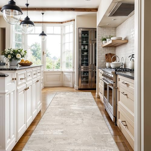 4x12 Kitchen Runner Rug Washable - Modern Abstract Non Slip Carpet for Hallway Entryway Indoor Low Pile Bedroom Living Room Long Rugs Ultra-Thin Home Decor Floor Mat for Bathroom Laundry 4x12 Beige - Image 2