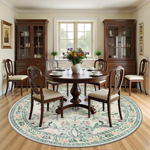 PLHXFR Round Area Rug Living Room: 8 ft Floral Washable Carpet Green Beige - Image 3