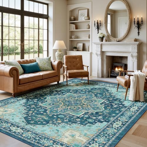 Amada Vintage Washable Area Rug,5'x7',Teal Blue by AMADAHOMEFURNISHING