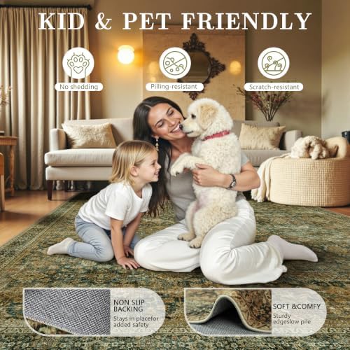 8x10 Area Rugs for Living Room - Washable Vintage Retro Large Rug, Soft Ultra Thin Non Slip Low Pile Traditional Distressed Boho Carpet for Bedroom Dining Room Home Office, Brown Green - Image 5