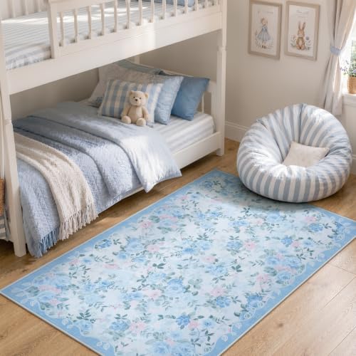 Lahome Blue Floral Bedside Rug 3x5, Low Pile Ultra-Thin Dorm Rug - Image 2