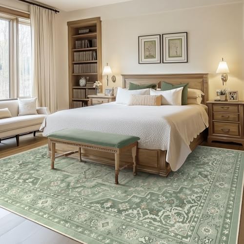 8x10 Sage Green Rugs for Living Room, Modern Vintage Medallion Washable Large Rug for Playroom Bedroom, Cozy Cottagecore Low Pile Thin Soft Carpet Rugs for Dining Room Soft Green - Image 3