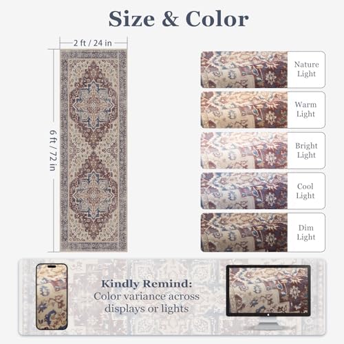 Maroon Blue 2x6 Hallway Runner Rug, Carpet Runners 6ft for Kitchen Non Slip Washable, Modern Vintage Floor Runner for Entryway Foyer, Medallion Rug Runner for Bathroom Bedroom Laundry Room - Image 2