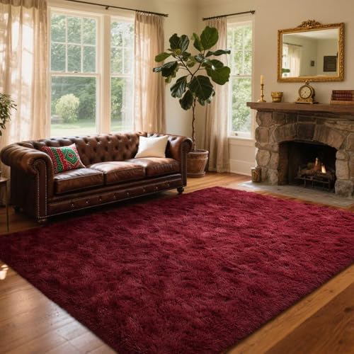 Area Rugs for Living Room, 5x7 Feet Soft Fluffy Shagg Plush Rug High Pile Large Indoor Modern Non-Slip Floor Carpet for Bedroom Nursery Girls Kids Home Room Dorm Decor Aesthetic Burgundy - Image 3