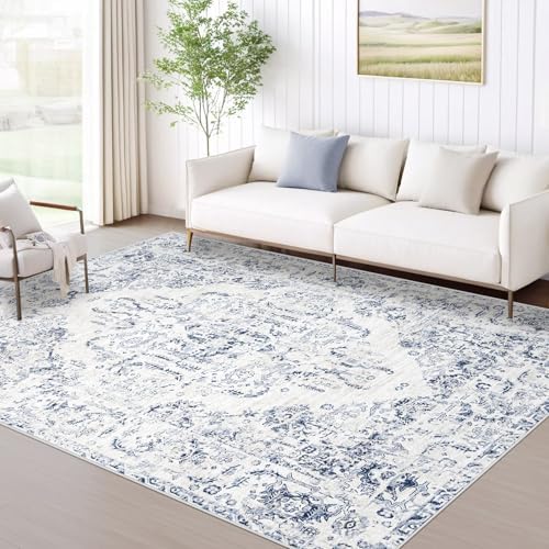 6x9 Area Rugs for Living Room: Washable Rug Vintage Large Rugs Soft Non Slip Low Pile Rug Floral Distressed Floor Carpet for Bedroom Kitchen Nursery Dining Room Home Office (Blue, 6'x9') by MXSANYOORUG