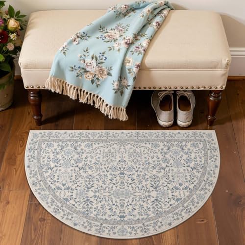 jinchan 2x3 Washable Half Circle Entryway Rug, Vintage Floral, Blue/Cream - Image 5