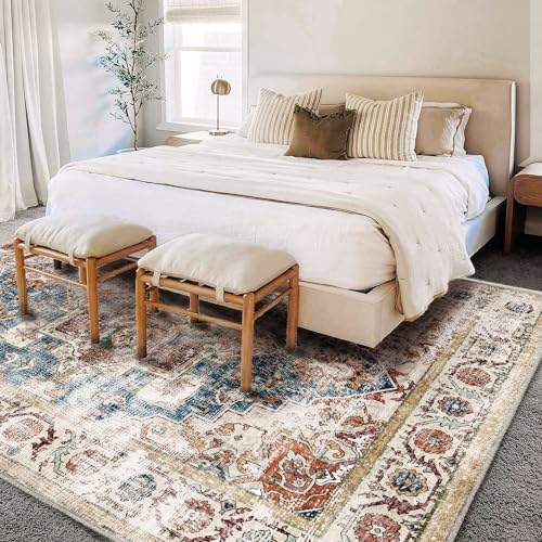 CHAMPLANT Washable Area Rug 9'x12' Beige Blue Boho Chic Medallion Distressed Design Non-Shedding Easy Care Ideal for High Traffic Areas in Living Room Bedroom Office Coffee Table Large Carpet - Image 3