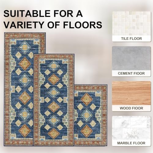 Kitchen Rugs Sets of 3 100% Non Slip Washable Kitchen Mats for Floor, Blue - Image 5