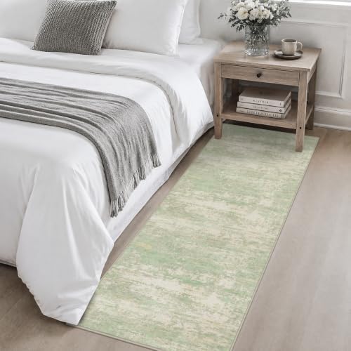 2x6 Washable Runner Rug：Modern Abstract Soft Carpet Green Cream - Image 5