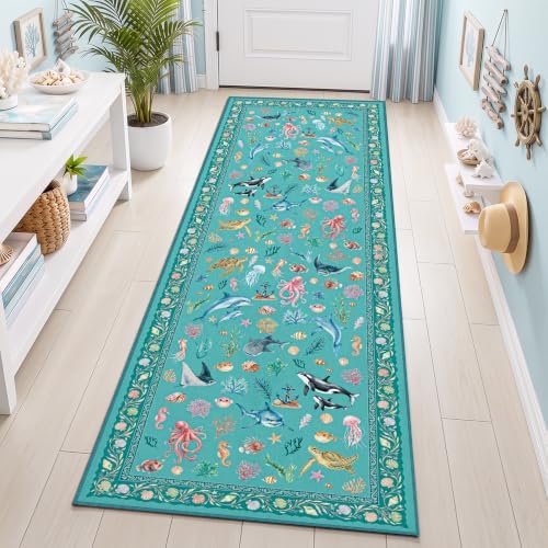 Arenarug Coastal Runner Rug 2x6 Washable Kitchen Runner Rug, Teal - Image 3