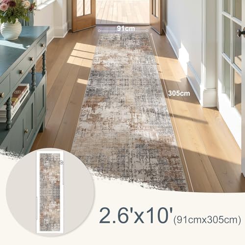 DMOYEST Washable Runner Rug for Hallway: 2.6x10 Neutral Modern Abstract Low Pile Area Rug with Non-Slip Backing - Carpet for Bedroom Kitchen Laundry Entryway Bathroom Indoor - Grey Brown - Image 3