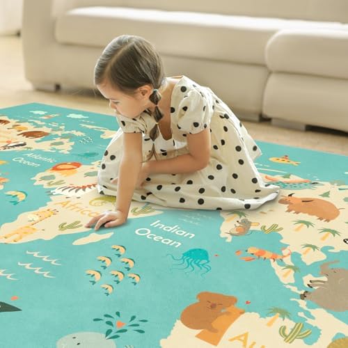Hazo Haus Washable Kids Playroom Rug – 5x7 Play Rug for Preschool Toddlers, Girls, Educational with Cute Animals – Non-Slip, Stain Resistant, Soft & Safe for Bedroom, Play Room and Classroom - Blue - Image 4
