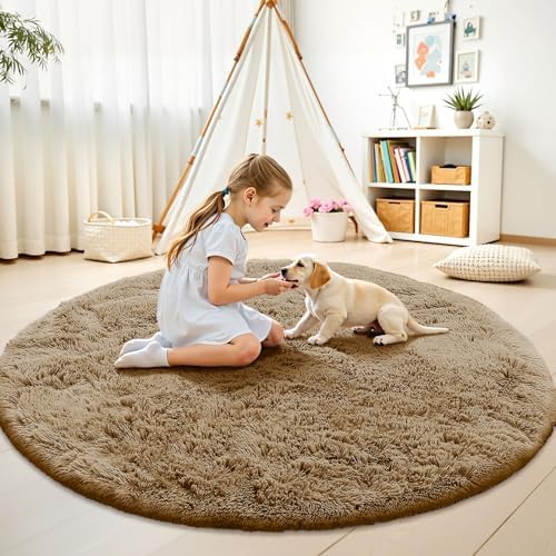 OLANLY Taupe Round Rugs for Bedroom - Machine Washable, 9 ft Circle Area Rugs for Living Room, Soft and Fluffy Shaggy Carpet for Teen Girl and Boys, Nursery Rooms, Dorms, Home Decor Aesthetic - Image 2