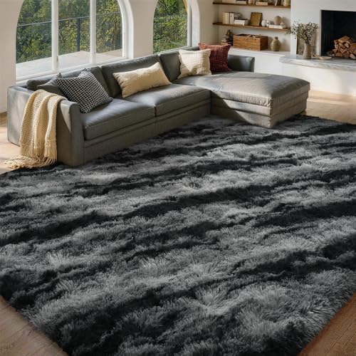 6x9 Non-Slip Fluffy Area Rugs For Living Room (Tie-dye Striped Black) by FinRe%CC%80cHome