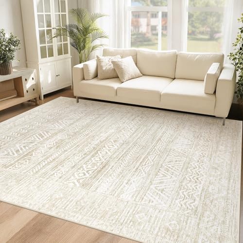 6x9 Area Rugs for Living Room: Washable Moroccan Geometric Boho Rug Farmhouse Non Slip Stain Resistant Large Rug Low Pile Soft Carpet for Bedroom Dining Room Home Office Kids Room (Ivory Beige,6'x9') by VECARF