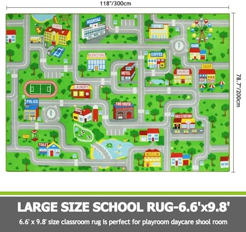 Capslpad Green Car Road Kid Rug Carpet Playmat for Playoom Traffic Road Kids Play Mat for Toddler Non Slip Washable City Map Race Track Carpet Rug for Kids Room Playroom Classroom Decor,6.6'x9.8' - Image 2