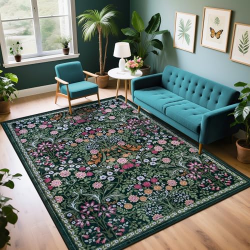 PLHXFR Area Rug Living Room: 5x7 Floral Washable Boho Carpet Dark Green by PLHXFRSoftAreaRugs