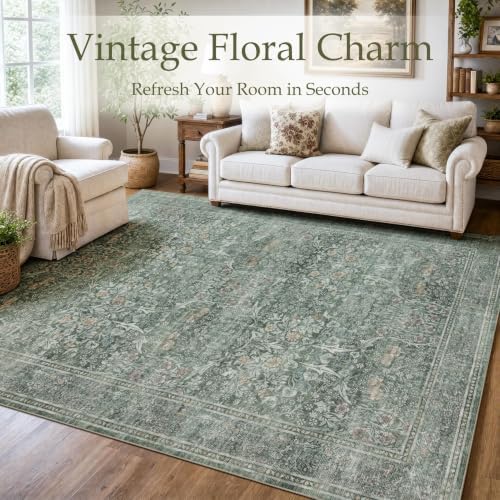 JOLLYVOGUE Entryway Rug, 2x3 Washable Vintage Floral Rug, Moss Green - Image 2