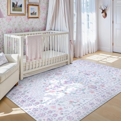Wonnitar Floral Purple Rug for Nursery, Washable 5x7 Kids Rug, Boho Ultra-Thin Soft Non Slip Vintage Carpet for Bedroom Dorm Living Room Playroom Office, Pale Purple by Wonnitar