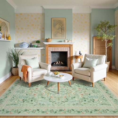 Lahome Floral Washable Area Rugs 8x10, Non-Slip Living Room Carpet Soft Tumble Washable Rugs for Bedroom Nursery, Vintage Botanical Print Carpet for Classroom Kids Room Dining Room, Sage - Image 6