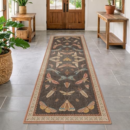 Hazo Haus Orange Brown Hallway Runner Rug 2'6"x12', Soft Low Pile Non Slip Carpet for Kitchen Floor & Front Door Entrance, Vintage Insect Moth Décor - Image 6