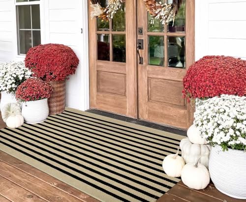 BUAGETUP Washable Outdoor Rug 3'x5'Black and Tan Striped Porch Rug Area Rug by BUAGETUP