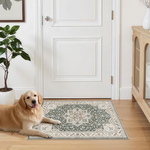 Vintage Entryway Area Rug 2x3 - Large Soft Washable Oriental Traditional Distressed Farmhouse Rugs for Bedroom - Indoor Floor Accent Carpet for Home Office House Decor - Vintage Green - Image 7