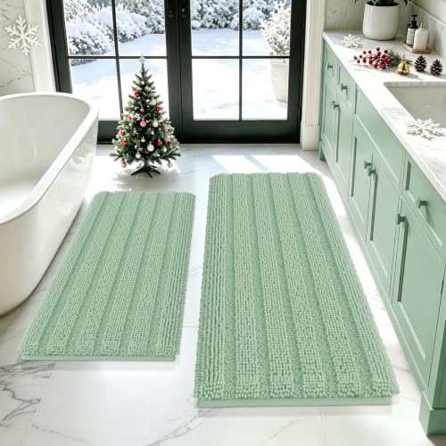 Christmas Striped Sage Green Bathroom Rug Mat Set 2 piece 24"x17"+48"x20" Ultra Soft, Non Slip Chenille Bath Rugs, Absorbent Plush Shaggy Bath Mats for Bathroom, Bedroom, Kitchen, Shower, Tub by ACCUMTEK