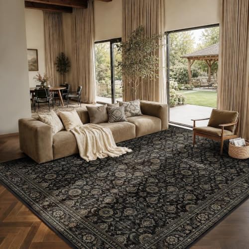 JOOJA 9x12 Black Gold Vintage Western Soft Low Pile Washable Boho Area Rug by JOOJA