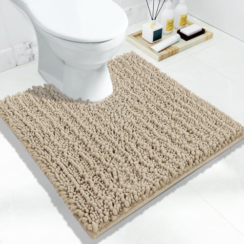 Yimobra Toilet Rug U Shaped Washable 24x24 Inch - Ultra Soft Absorbent Bath Rugs for Toilet, Quick Dry & Machine Washable, Non Slip Contour Bathroom Mat, Pale Khaki by Yimobra