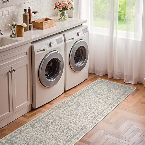 jinchan 2x6 Washable Hallway Runner Rug, Floral Non-Slip, Blue/Cream - Image 3