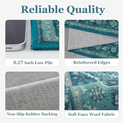 Washable Area Rug 3'x4' Entryway, Vintage Medallion, Boho Teal - Image 6