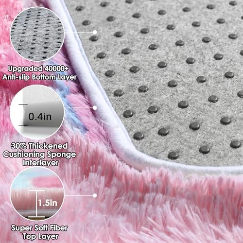 Checkered Pink Rainbow Area Rugs, Fluffy 5x8 Geometric Rug for Girl Bedroom - Image 4