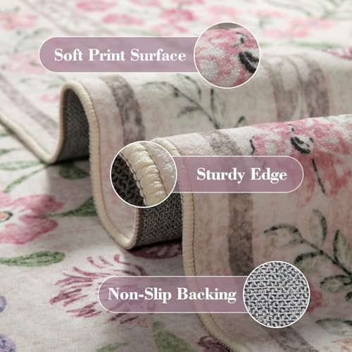 Wonnitar Boho Floral Area Rug 6x9, Washable Purple Rugs for Bedroom Girls, Non Slip Ultra-Thin Soft Indoor Baby Carpet for Nursery Dorm Kids Room Living Room, Light Purple/Pink - Image 3