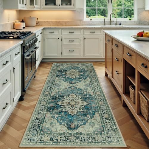 RELEANY Washable Area Rug, Runner 3'x8', Blue/Vintage Dark Blue by RELEANY
