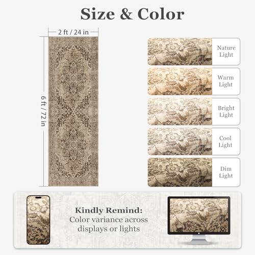 Brown Taupe 2x6 Hallway Runner Rug, Carpet Runners 6ft for Kitchen Non Slip Washable, Farmhouse Distressed Floor Runner for Entryway Front Door, Vintage Medallion Rug Runner Bathroom Bedroom - Image 2