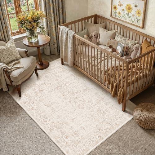 PureCozy Beige Small Area Rug 4x5 Vintage Floral - Image 2