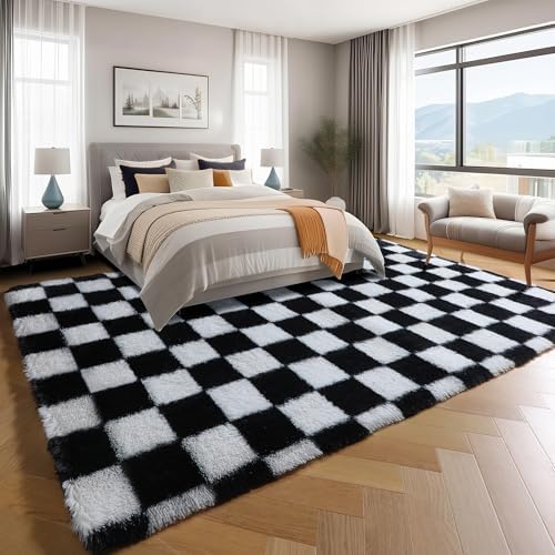 KICMOR Area Rugs for Bedroom Living Room, 4x6 Black and White Fluffy Soft Checkered Rug Fuzzy Shag Shaggy Carpet, Indoor Plush Floor Rugs for Kids Boys Girls Teen Dorm Nursery Home Decor Aesthetic - Image 3