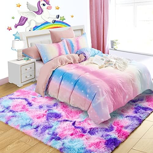 5x7 Tie-Dyed Pink Purple Blue Fluffy Area Rug Non-Slip for Kids Bedroom - Image 3