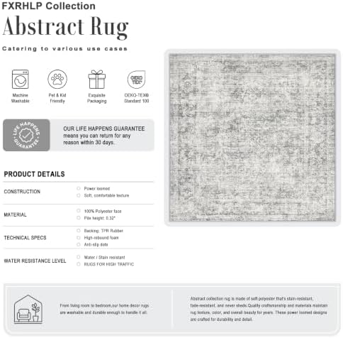 Area Rug Living Room: 6x6 Modern Washable Soft Carpet Black Grey - Image 2