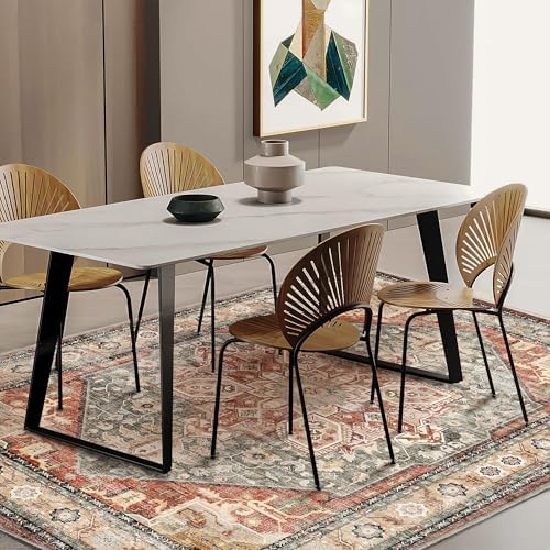 CHAMPLANT 3'x5' Red Khaki Vintage Washable Thin Area Rug Traditional Floor Cover Foldable Indoor Distressed Non Slip Carpet Floral Print Area for Bedroom Living Room Bathroom - Image 2