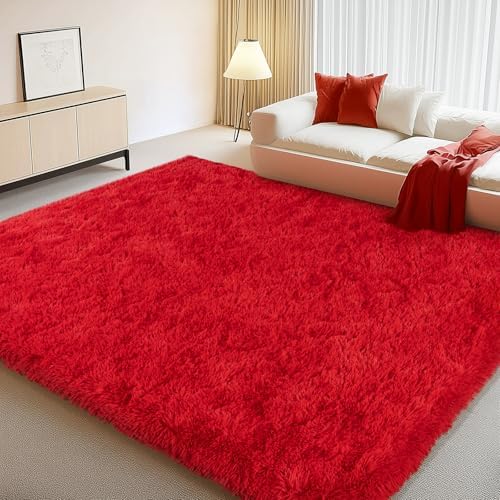 4x6 Red Fluffy Rug for Bedroom Living Room, Washable Non-Slip by WISHTREE