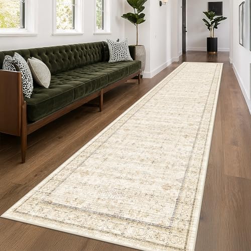 Light Beige 3x16 Long Hallway Runner Rug, Non Slip Farmhouse Kitchen Rugs, Geometric Floral Modern Entryway Floor Mats, Washable Non-Slip Stain Resistant Low Pile Throw Rug Indoor Door Mat by HazoHaus