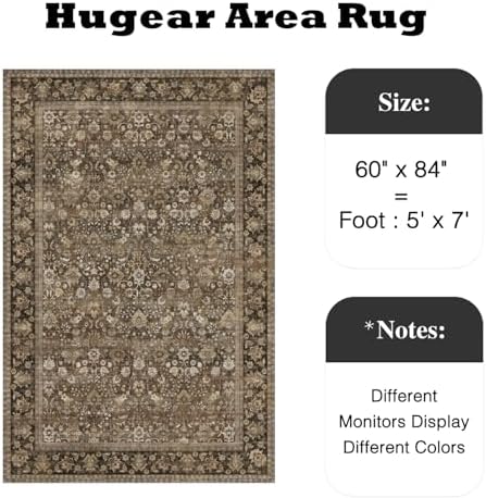 HUGEAR 5x7 Brown Vintage Floral Washable Area Rug for Living Room - Image 2