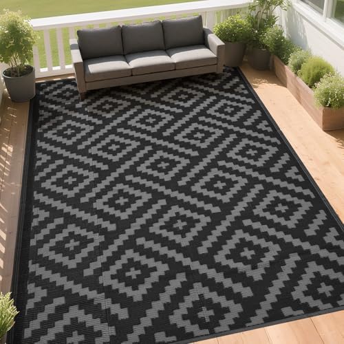 RURALITY Outdoor Rugs 5x8 Feet for Patios Clearance,Plastic Straw Waterproof Mats for Backyard,Porch,Deck,Balcony,Black&Deep Grey - Image 3
