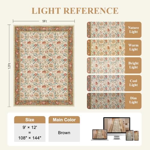 DUKINO 9x12 Area Rug for Living Room, Vintage Floral Washable Rug, Brown - Image 2