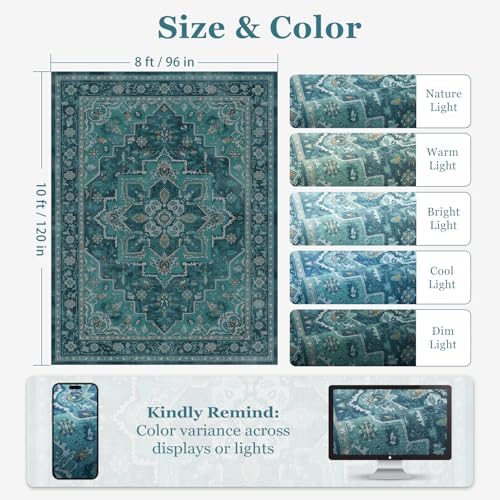 Washable Area Rug 8'x10' Living Room, Vintage Medallion, Boho Teal - Image 2
