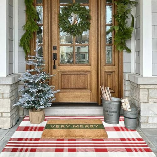 Christmas Plaid Outdoor Rug, 3' x 5' Red&White Check Indoor/Outdoor Area Rug, Layering Rug for Hello/Welcome Door Mat, Machine Washable Cotton Woven Rug for Farmhouse Front Porch, Entryway - Image 2