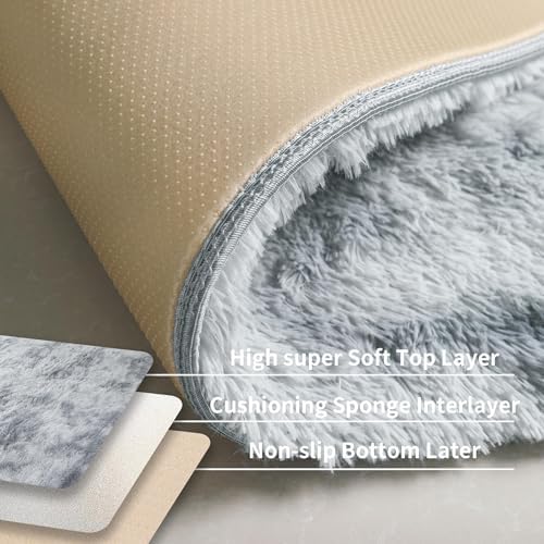 3x5 Tie-Dye Gray Fluffy Shag Rug for Bedroom, Plush Washable Carpet - Image 4